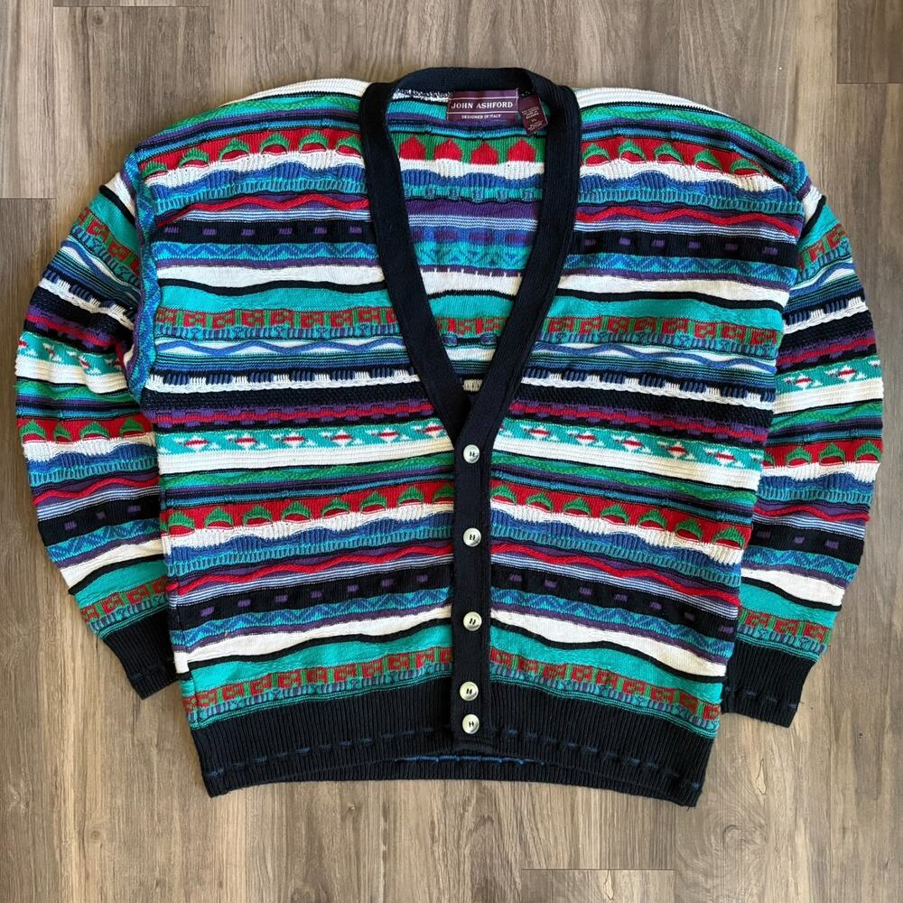 Vintage John Ashford Coogi Style Cardigan Sweater Men's Size XL Italian Design